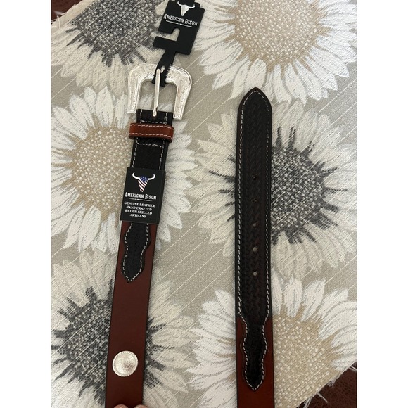 American Bison Other - American Bison Mens Western Leather Belt Brown Black Basketweave  Size 34-36